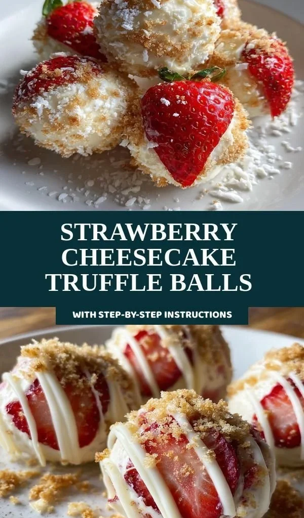 Strawberry cheesecake truffle balls coated in chocolate and garnished with strawberries