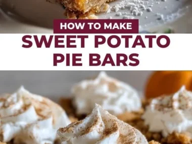 Delicious sweet potato pie bars topped with whipped cream and a sprinkle of cinnamon.