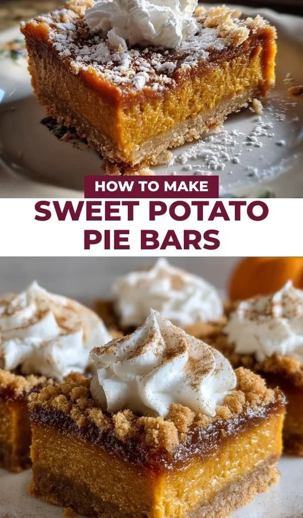 Delicious sweet potato pie bars topped with whipped cream and a sprinkle of cinnamon.