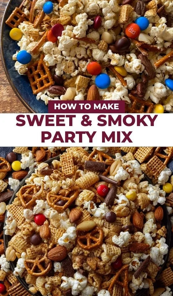 Sweet & Smoky Party Mix recipe featuring savory and sweet snacks for any celebration.
