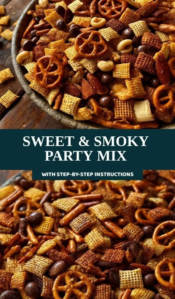 Sweet & Smoky Party Mix in a colorful bowl, perfect for gatherings.