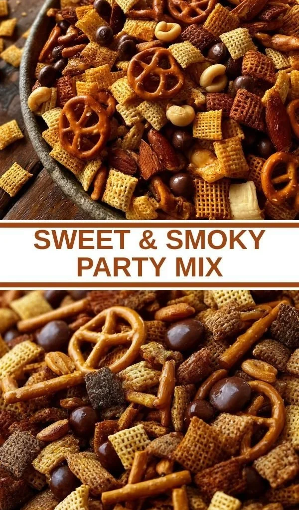 Delicious Sweet & Smoky Party Mix in a bowl, perfect for gatherings and celebrations