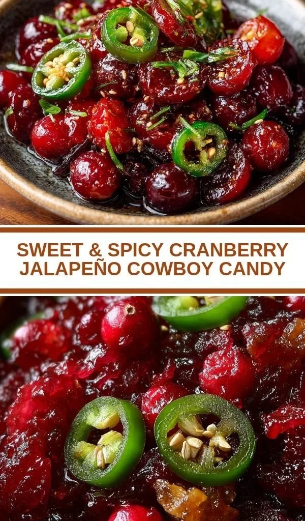 Sweet and spicy cowboy candy made with cranberry and jalapeño.