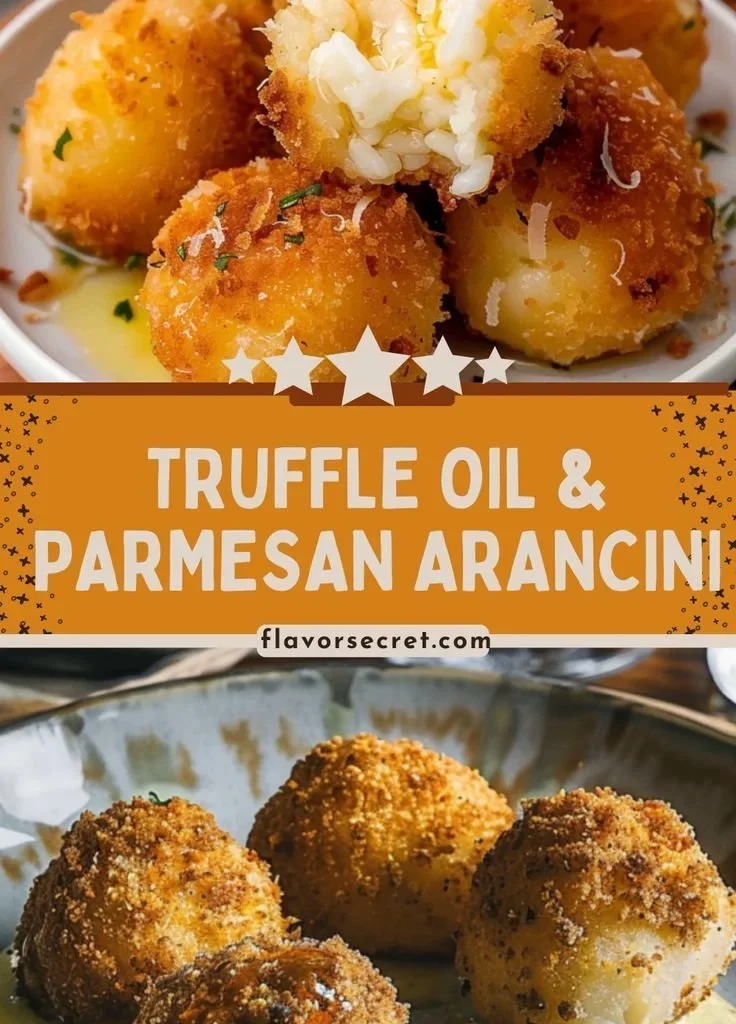 Truffle Oil and Parmesan Arancini, crispy rice balls on a plate