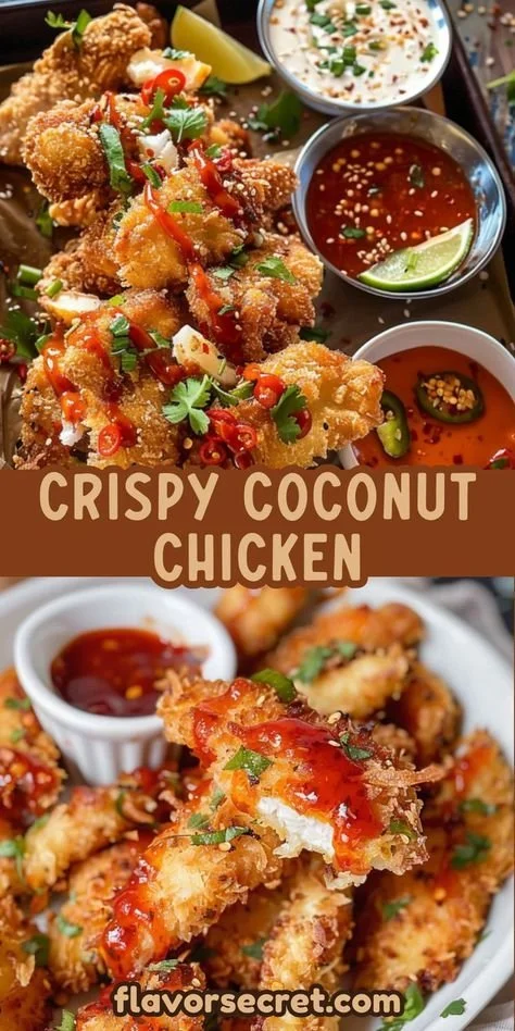 Crispy coconut crusted chicken served on a plate with fresh herbs and a dipping sauce.