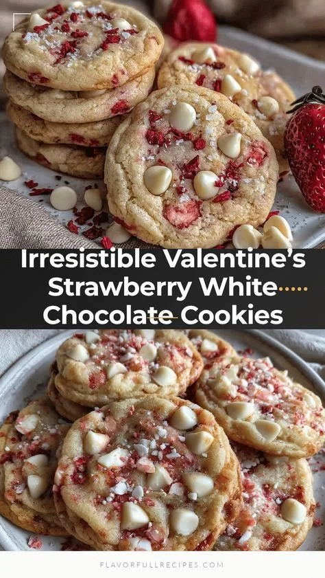 Valentine's strawberry white chocolate cookies on a decorative plate