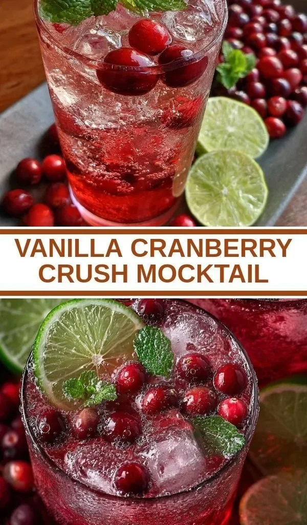 Refreshing Vanilla Cranberry Crush mocktail in a glass with cranberries and vanilla.