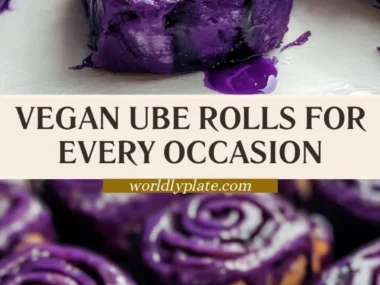 Delicious vegan ube rolls with purple sweet potato filling and icing.