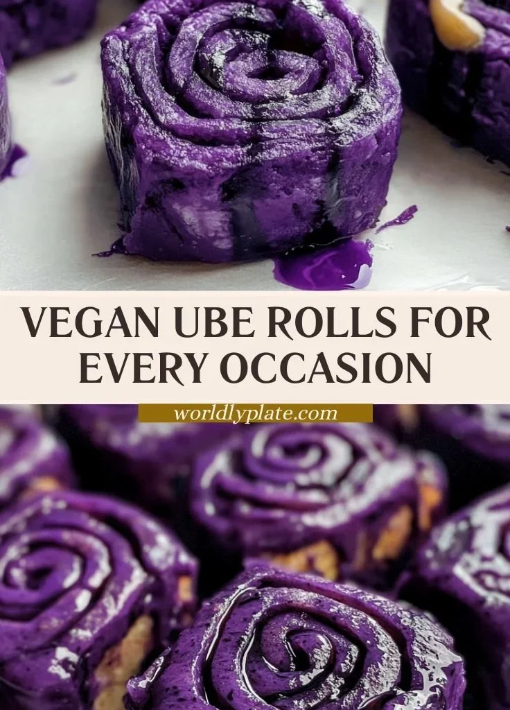 Delicious vegan ube rolls with purple sweet potato filling and icing.