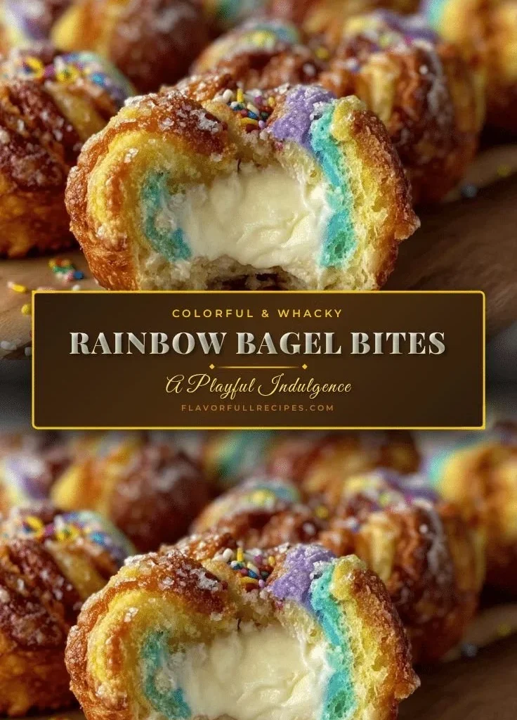 Colorful and whimsical rainbow bagel bites arranged on a plate
