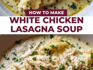 Creamy white chicken lasagna soup in a bowl with herbs and cheese.