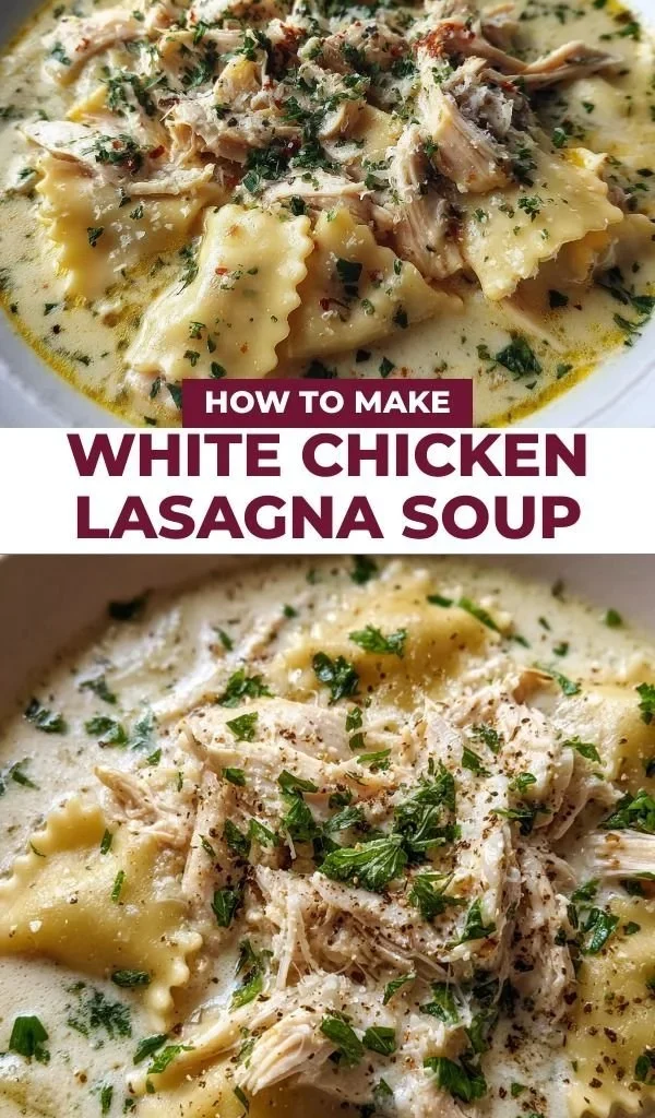 Creamy white chicken lasagna soup in a bowl with herbs and cheese.