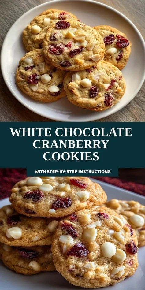 Freshly baked white chocolate cranberry cookies on a plate