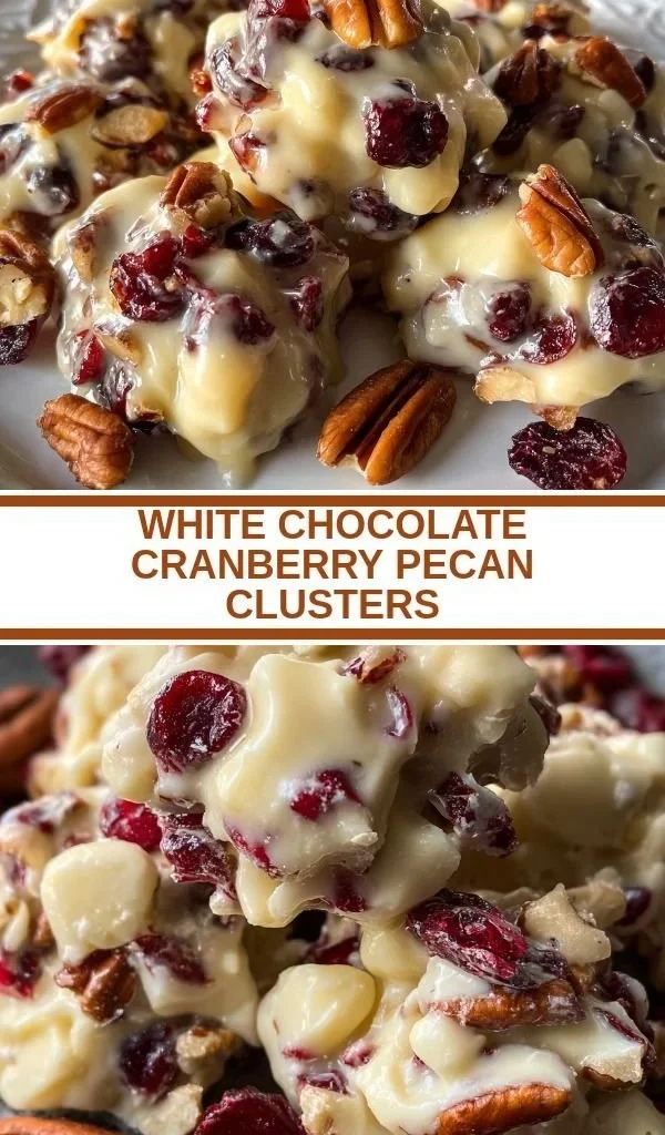 Delicious white chocolate cranberry pecan clusters on a decorative plate