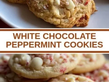 Delicious White Chocolate Peppermint Cookies decorated with festive chocolate and peppermint pieces
