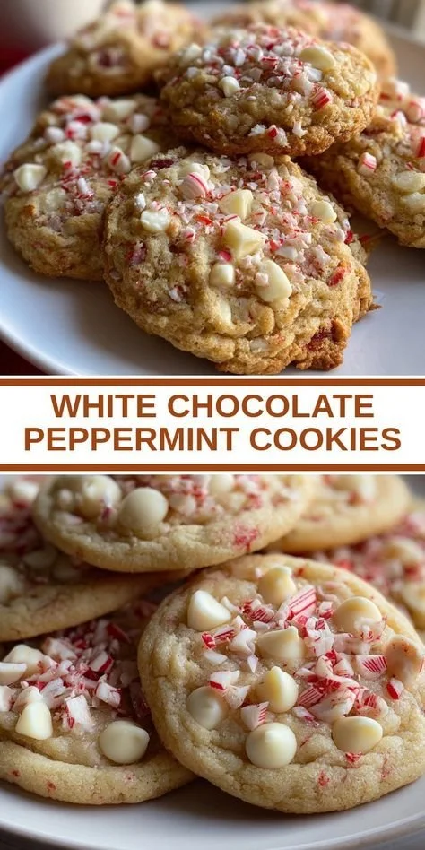 Delicious White Chocolate Peppermint Cookies decorated with festive chocolate and peppermint pieces