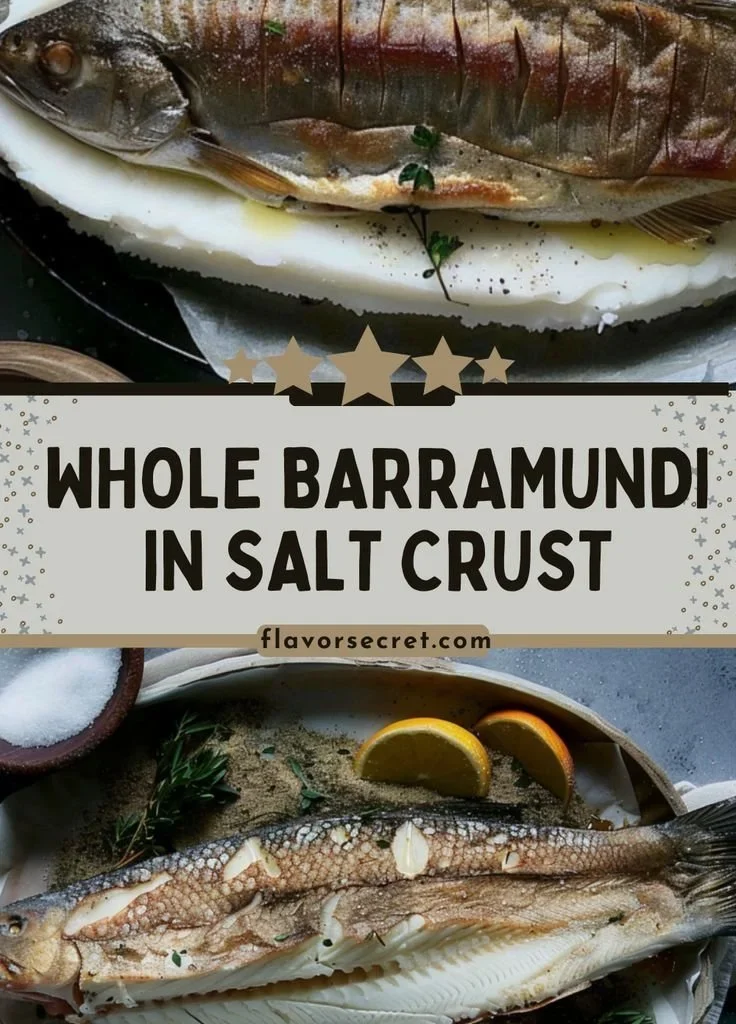 Whole barramundi baked in a salt crust, a delicious seafood dish.