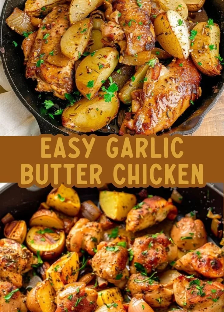 Winter Garlic Butter Chicken Skillet in a cast iron pan