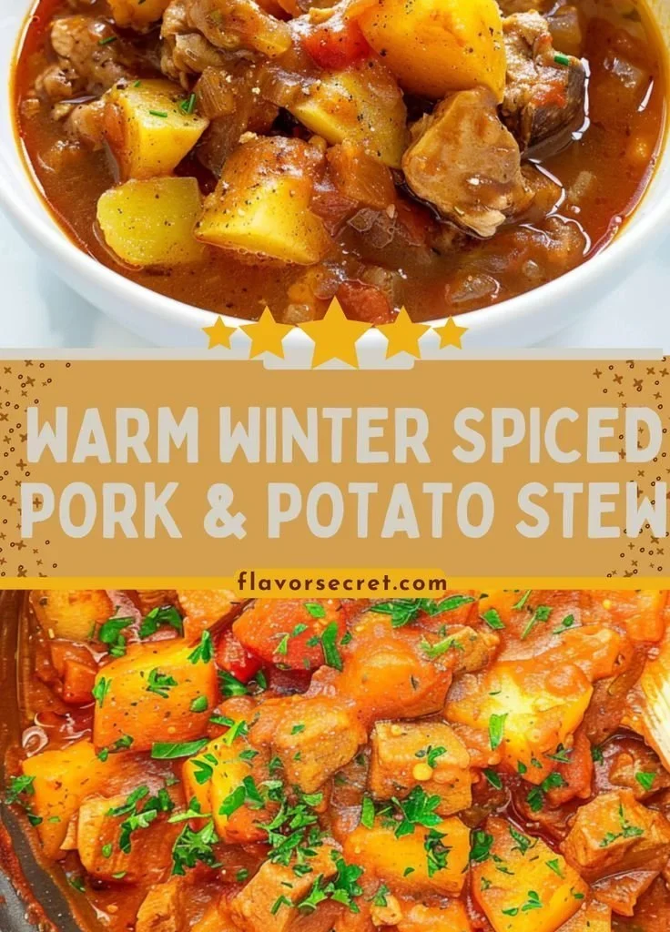 Delicious Winter Spiced Pork & Potato Stew in a rustic bowl