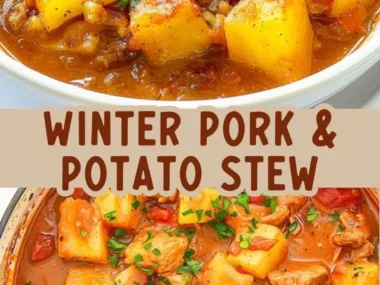 Bowl of winter spiced pork and potato stew with fresh herbs garnish