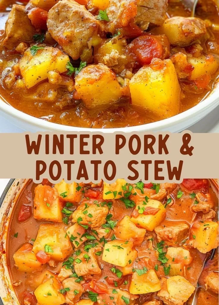 Winter Spiced Pork & Potato Stew in a rustic bowl, garnished with herbs