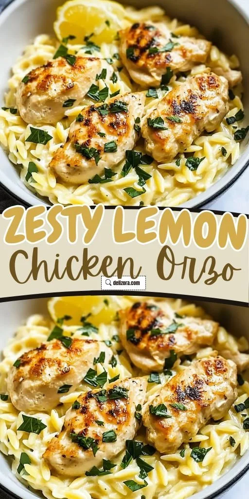 A vibrant bowl of lemon chicken orzo garnished with fresh herbs.