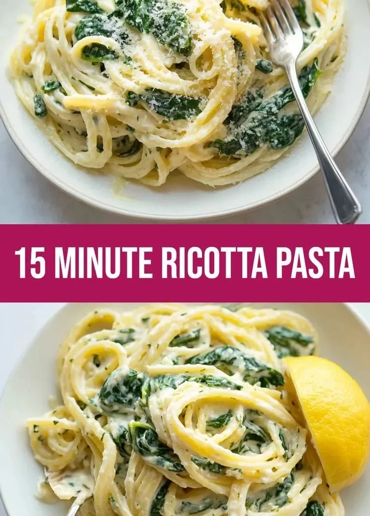 A bowl of zesty lemon ricotta pasta with spinach ready to serve in 15 minutes
