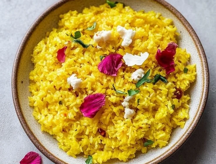 Bowl of garlic turmeric rice garnished with herbs and spices