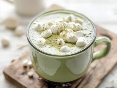 Creamy 4-Ingredient Matcha Hot Chocolate in a mug topped with whipped cream
