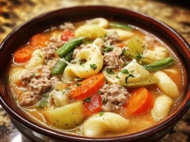 A bowl of hearty Amish Snow Day Soup garnished with fresh herbs