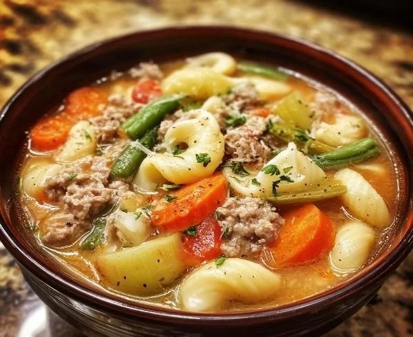 A bowl of hearty Amish Snow Day Soup garnished with fresh herbs