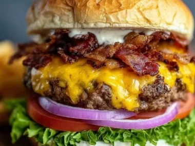 Delicious Bacon Ranch Cheeseburger with crispy bacon and ranch dressing
