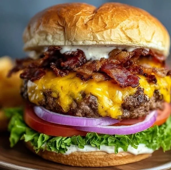 Delicious Bacon Ranch Cheeseburger with crispy bacon and ranch dressing