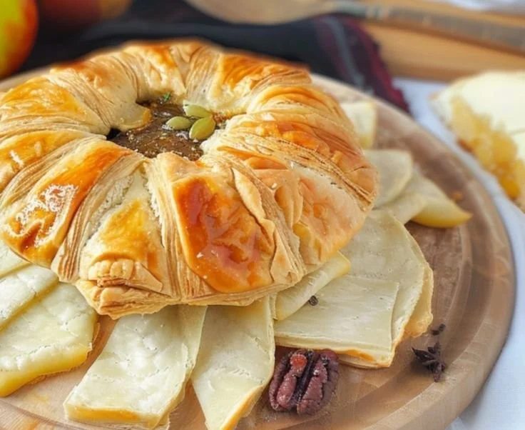 Baked brie in crust drizzled with honey and garnished with thyme