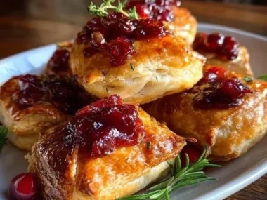 Baked cranberry brie bites on a serving platter, topped with fresh herbs.