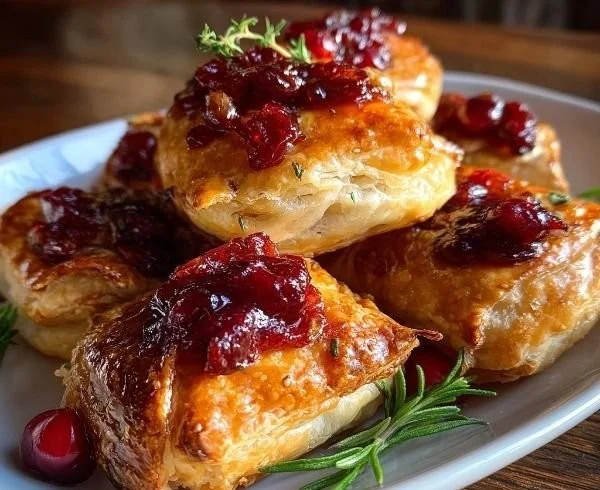 Baked cranberry brie bites on a serving platter, topped with fresh herbs.