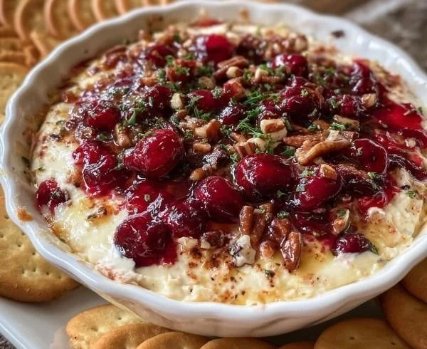 Baked Cranberry Cream Cheese Dip served in a baking dish with crackers