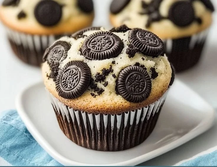 Delicious bakery-style Oreo muffins topped with cookie crumbles