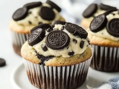 Bakery-style Oreo muffins with chocolate chunks and creamy filling