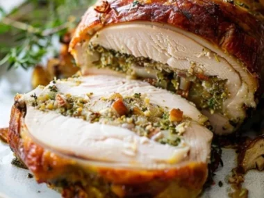 Black Forest Stuffed Turkey Roulade served with herbs and garnishes