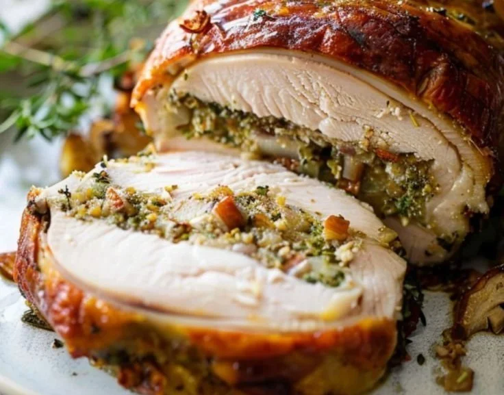 Black Forest Stuffed Turkey Roulade served with herbs and garnishes