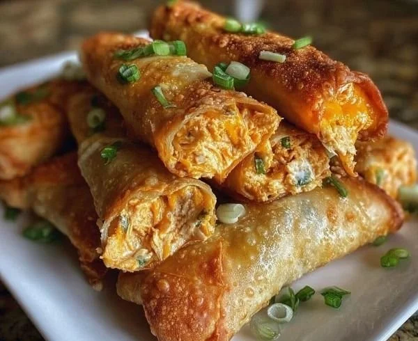 Buffalo Chicken Dip Egg Rolls served on a platter with dipping sauce