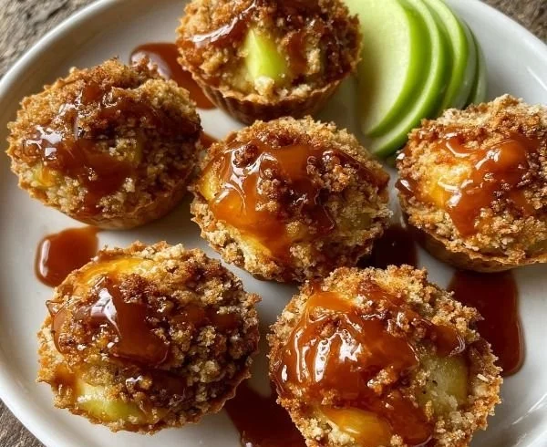Caramel apple crisp bites topped with warm caramel sauce and crunchy topping