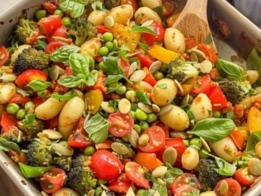 Delicious cashew tikka masala sheet pan gnocchi meal served on a plate.