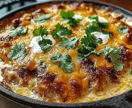 Chili Chicken Queso Bake topped with melted cheese and fresh herbs.