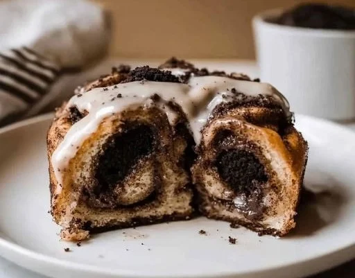 Gooey cinnamon rolls topped with crushed Oreos for a delicious dessert.