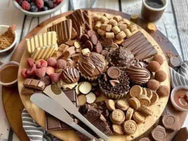 A gourmet cheese chocolate board featuring an assortment of cheeses and chocolates.