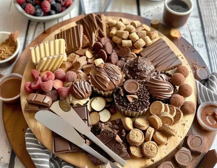 A gourmet cheese chocolate board featuring an assortment of cheeses and chocolates.
