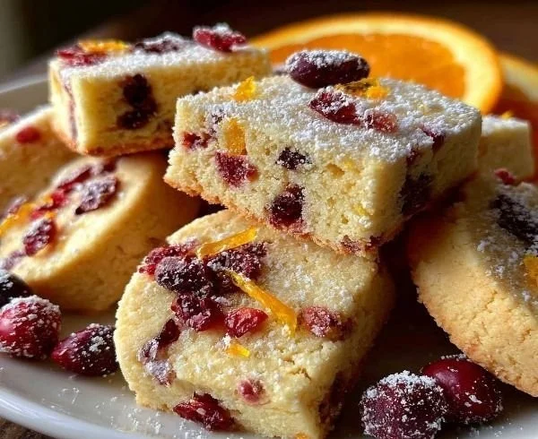 Cozy cranberry orange shortbread cookies on a festive plate