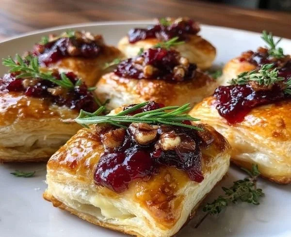 Cranberry Brie Bites on a serving platter, garnished and ready to enjoy.